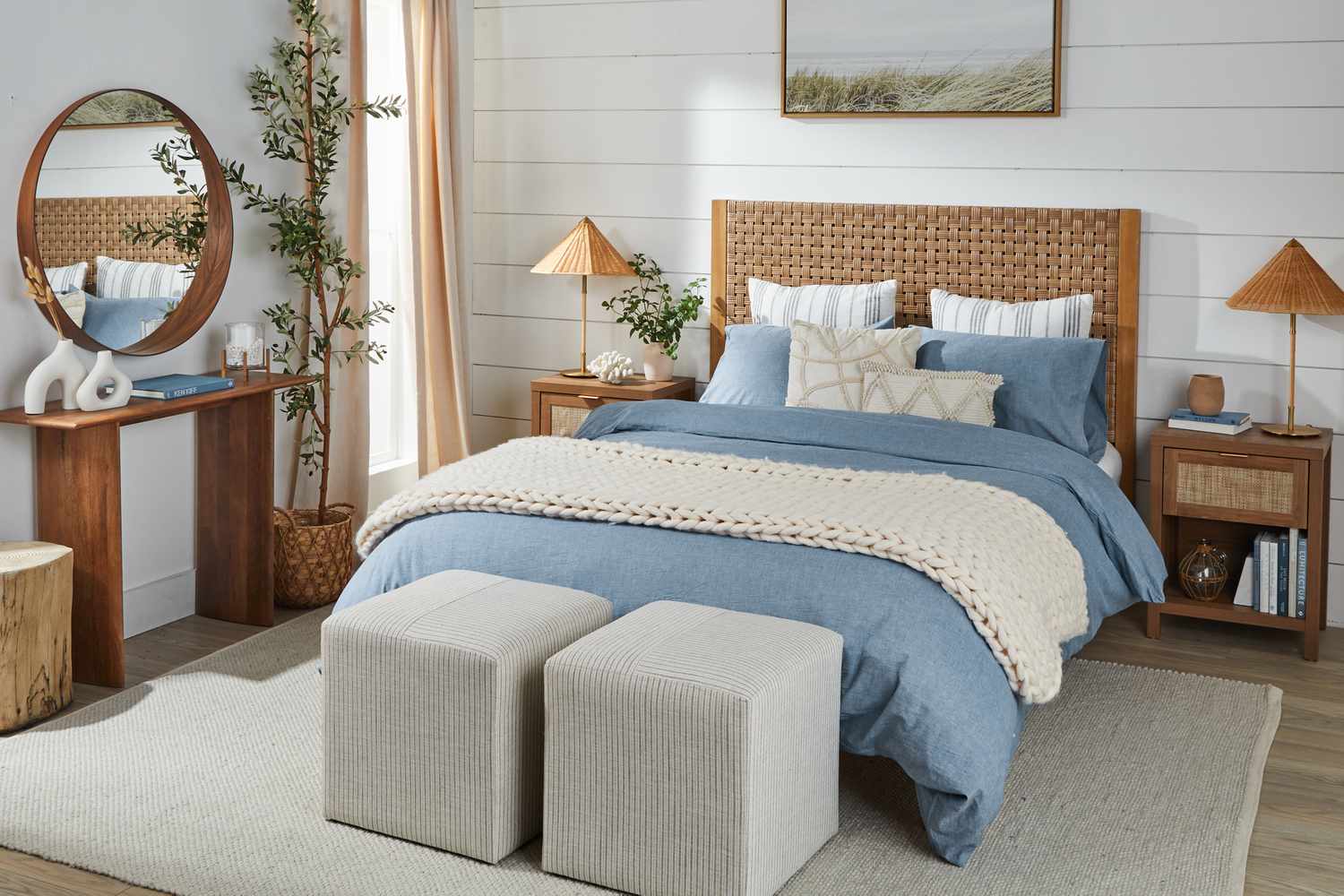 8 Designer-Approved Bedroom Decorating Tricks That Cost Less Than They Look 8 Three quarter angle of a coastal decor themed bedroom
