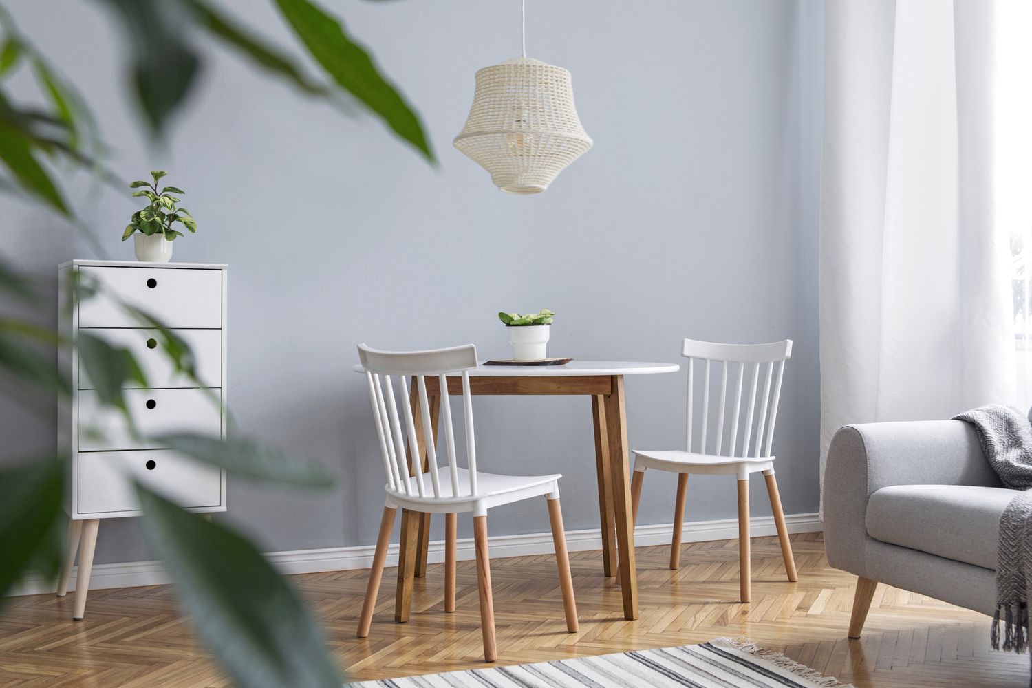 Moderne skandinavische Einrichtung des Wohnzimmers mit Designmöbeln, Familientisch, Sofa und Pflanzen. Braunes Holzparkett und stilvoller Teppich. Schöne und minimalistische Wohnung.