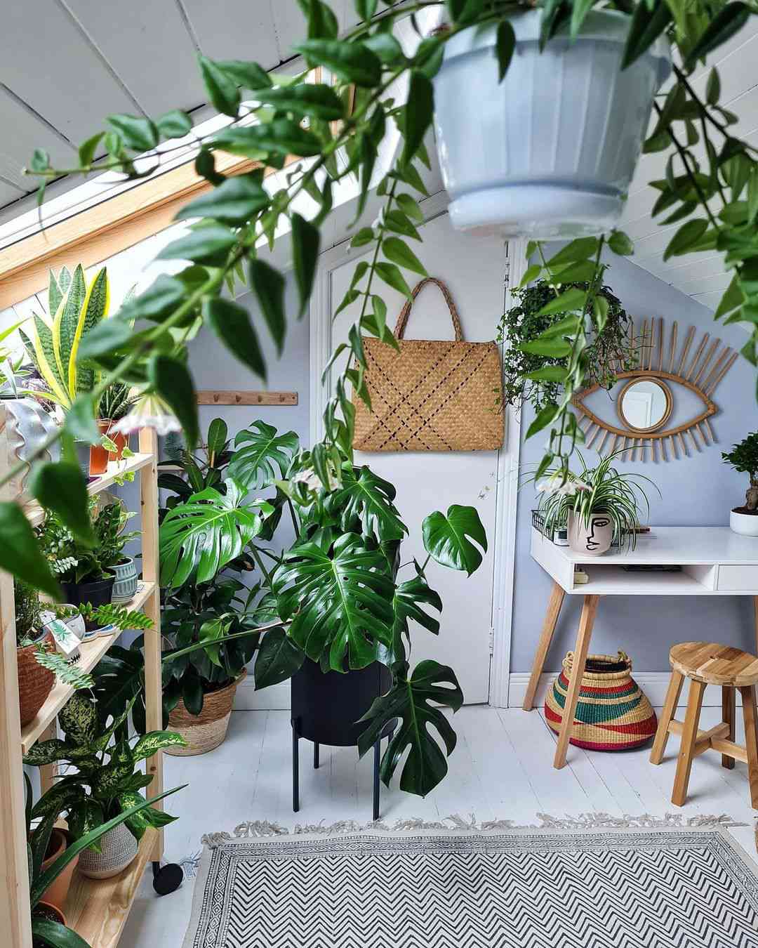 Zimmer mit schräger Decke, Schreibtisch und vielen Pflanzen darin