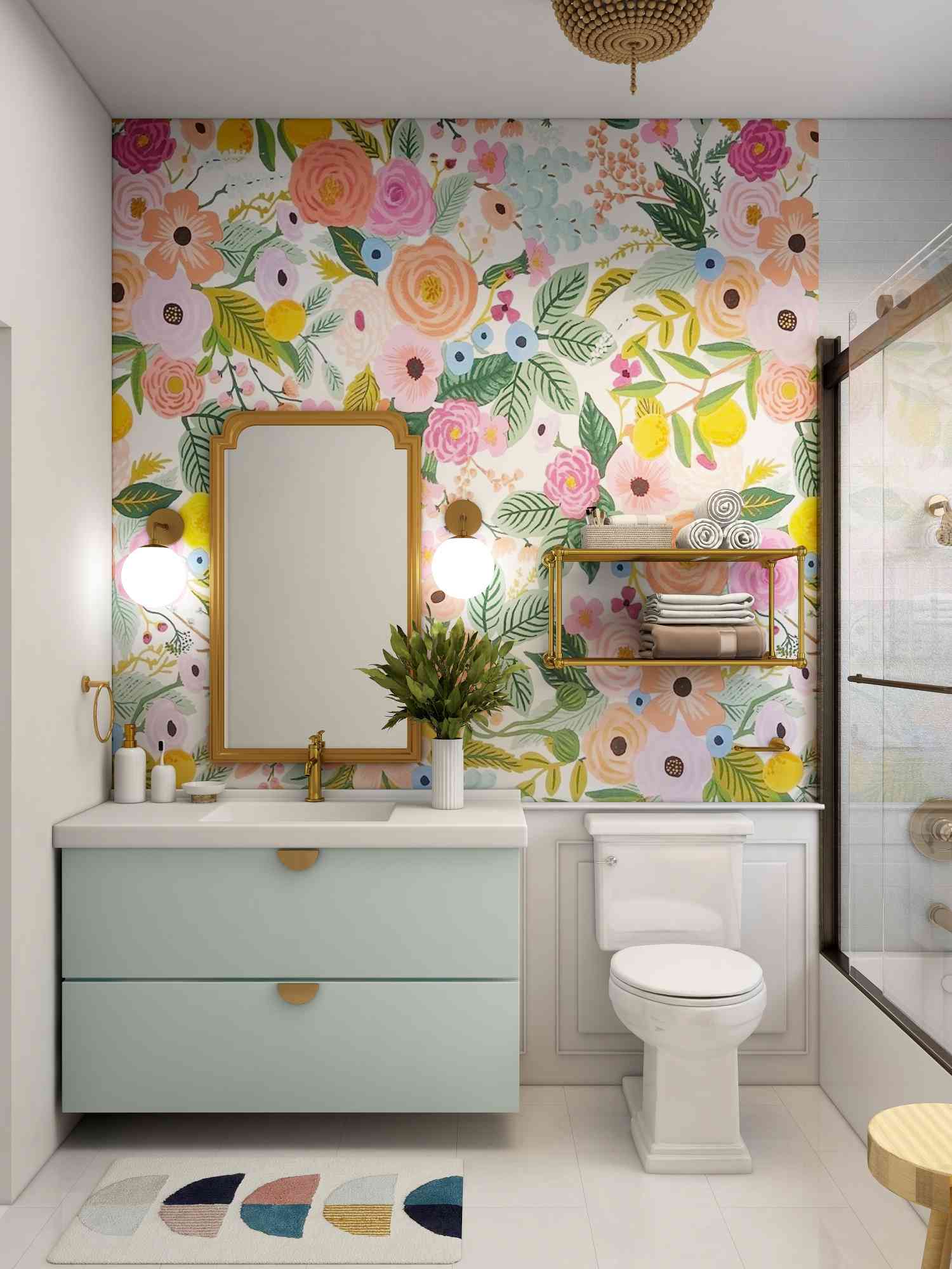 Feng Shui für schlechte Badezimmerstandorte 2 Bunte Blumentapete an einer Badezimmerwand