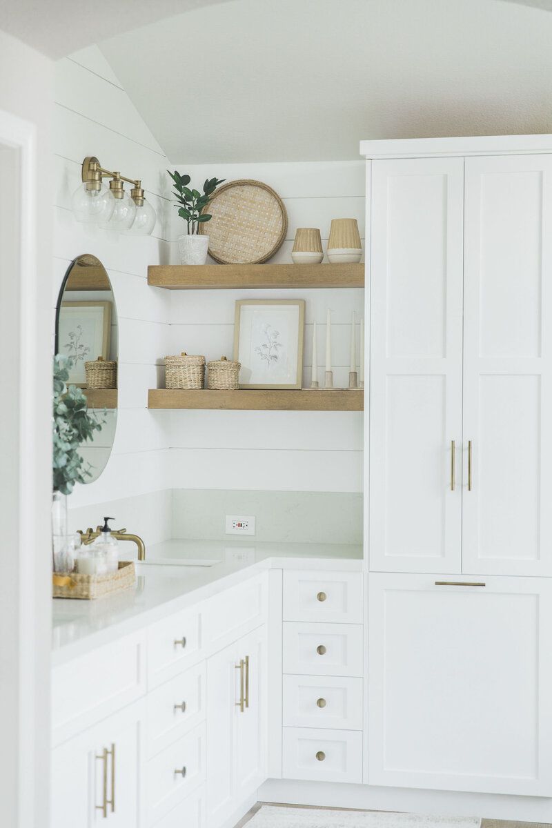 shiplap bathroom with floating shelves