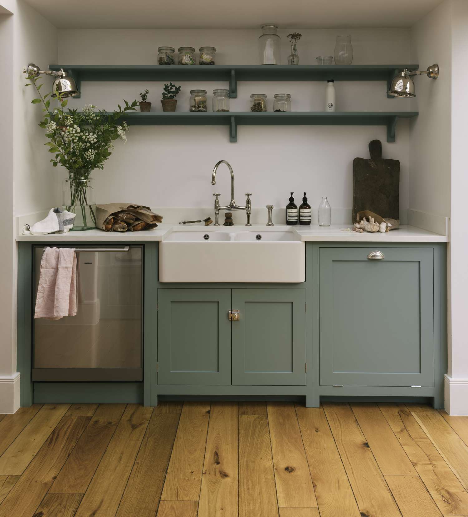 farmhouse blue-green kitchen cabinets