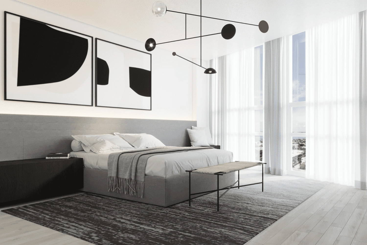 modernes und minimales graues Schlafzimmer