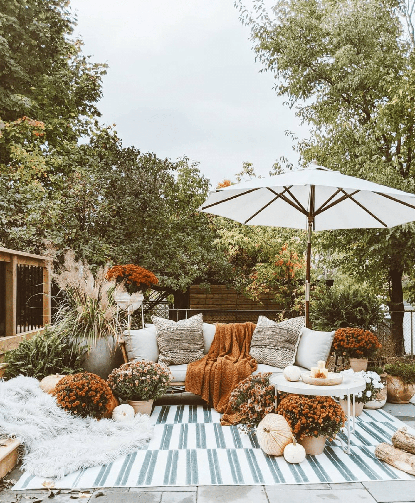 Herbststhemen -Terrasse mit Herbstblumen