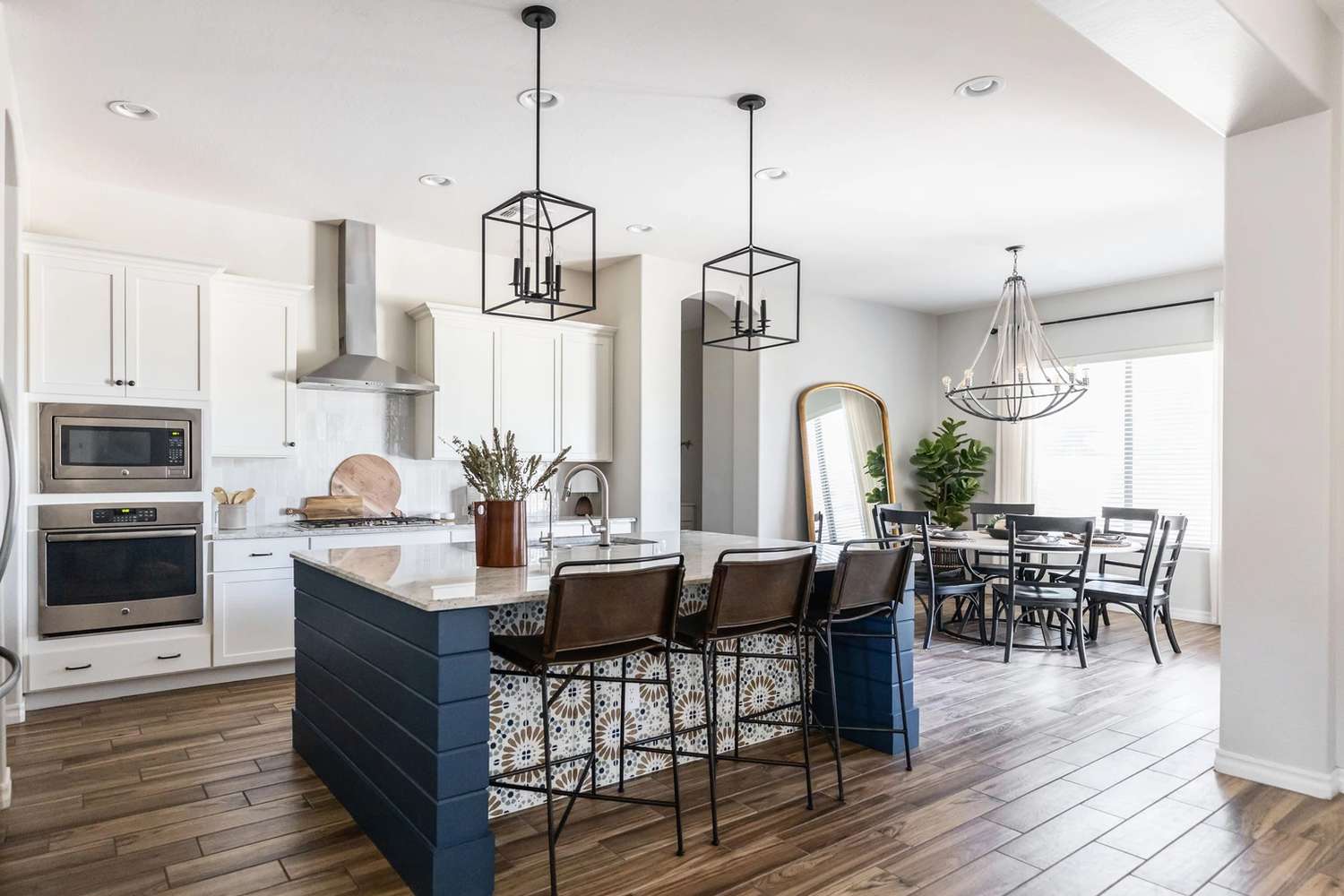 Blue patterned kitchen island