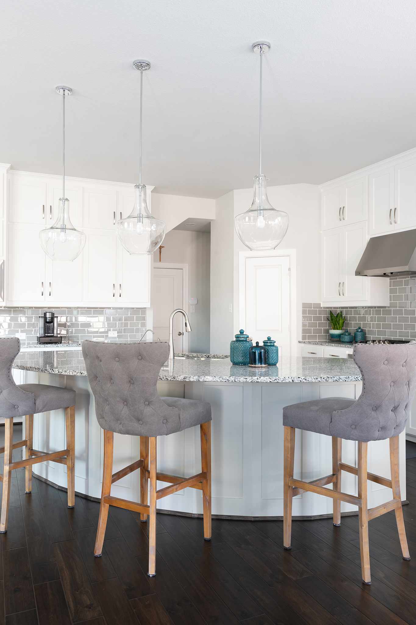 A large round kitchen island