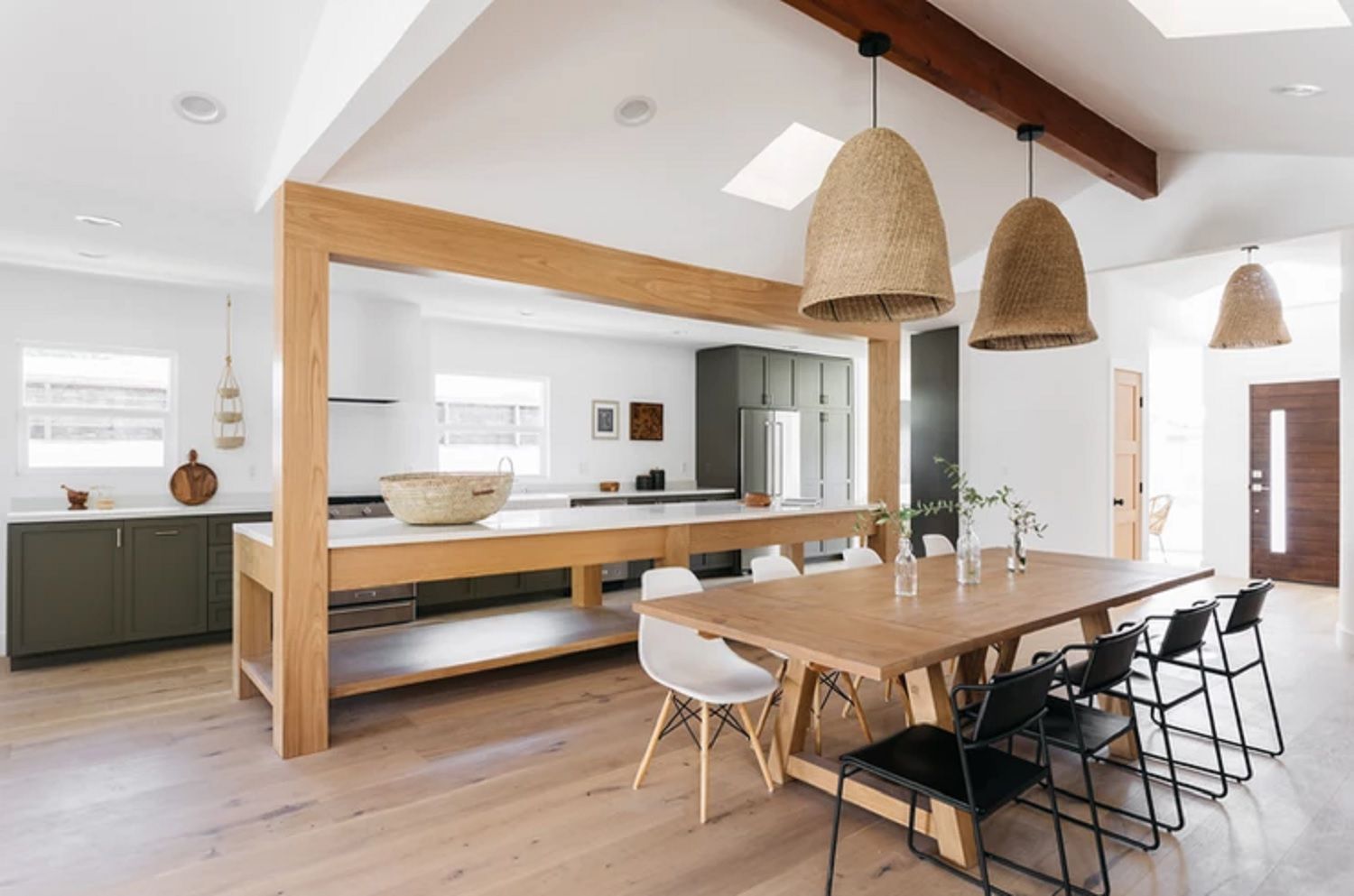 A large wood kitchen island