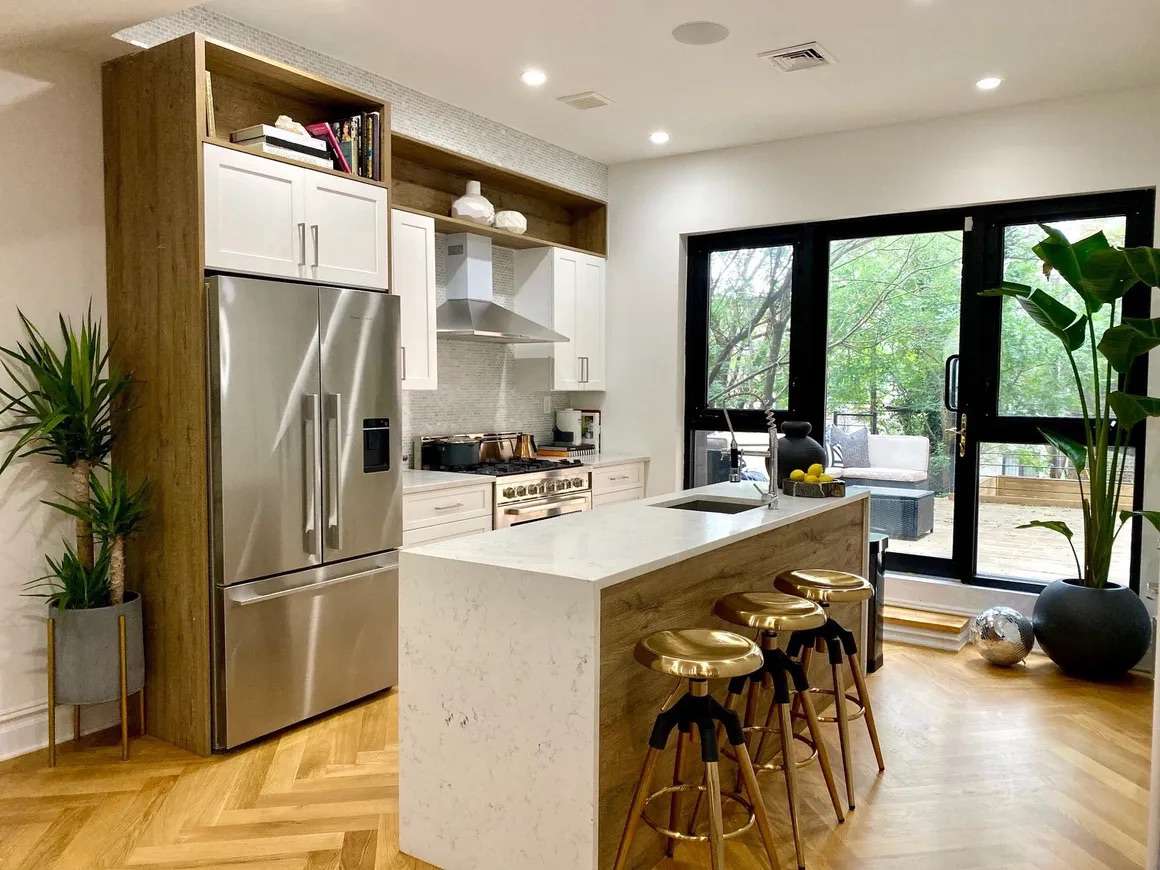 marble and wood kitchen island