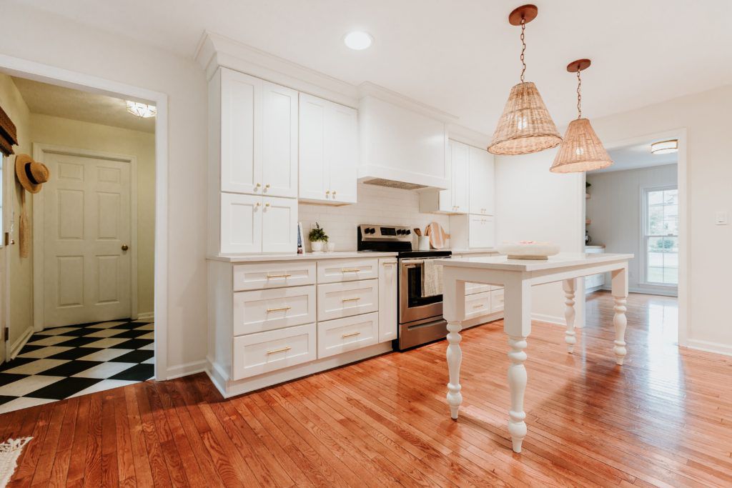 A white table as a kitchen island