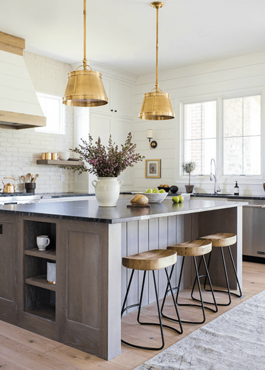 rustic kitchen with open shelving in kitchen island