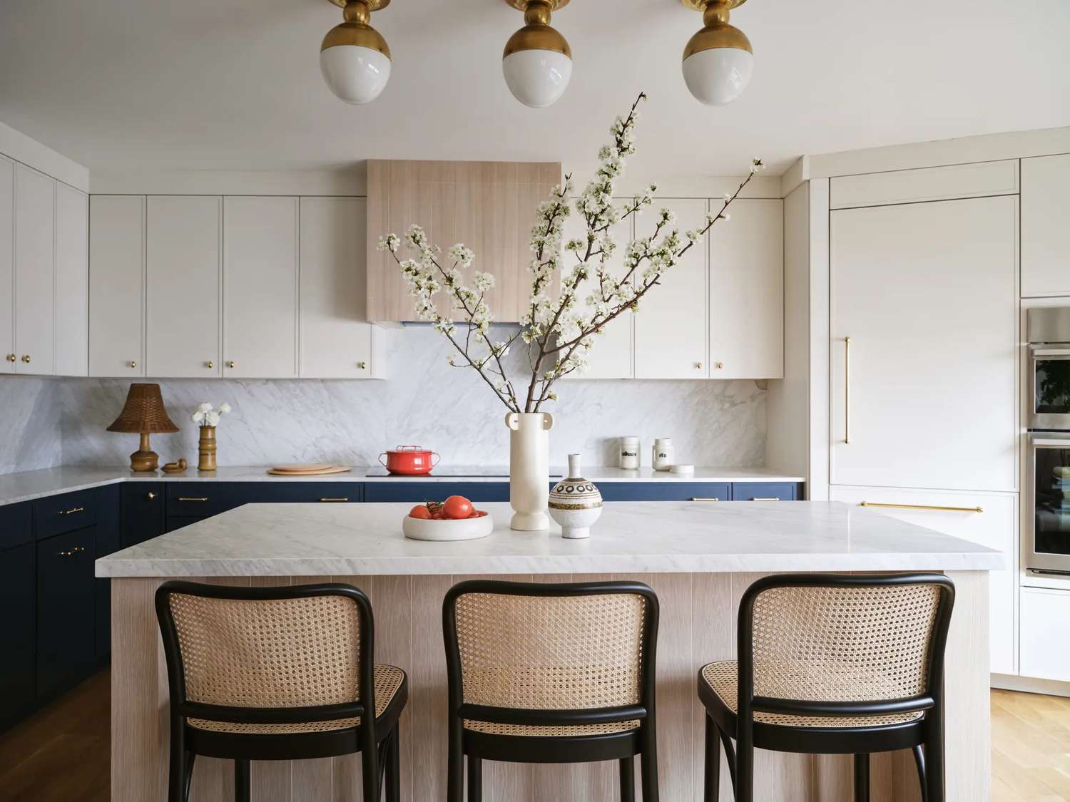 kitchen island with rattan seating
