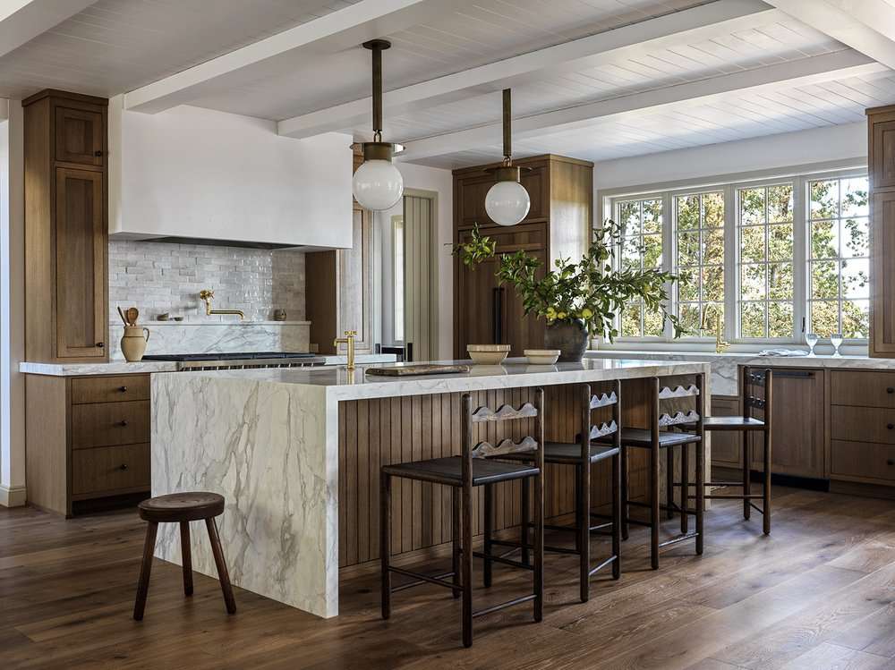 kitchen island with marble and wood