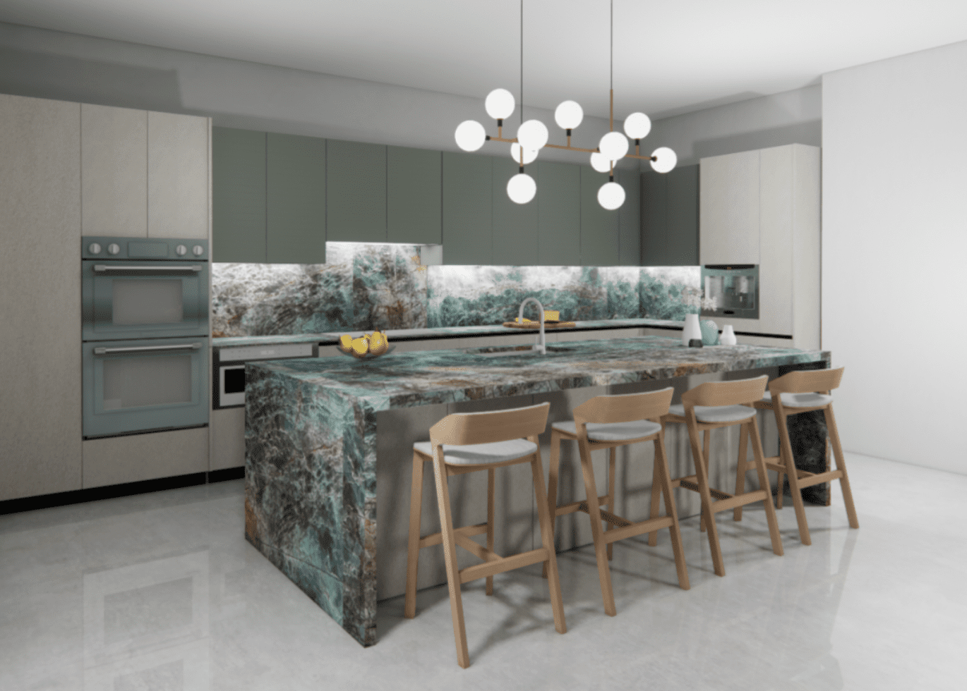 waterfall style green marble kitchen island