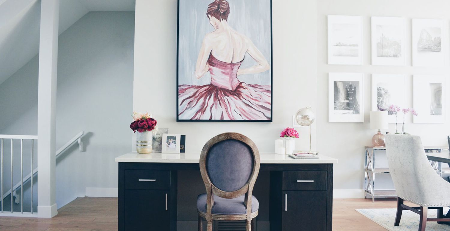Working from Home? 8 Design Tips for a More Functional Office, According to Designers 6 Mauve painting above a desk