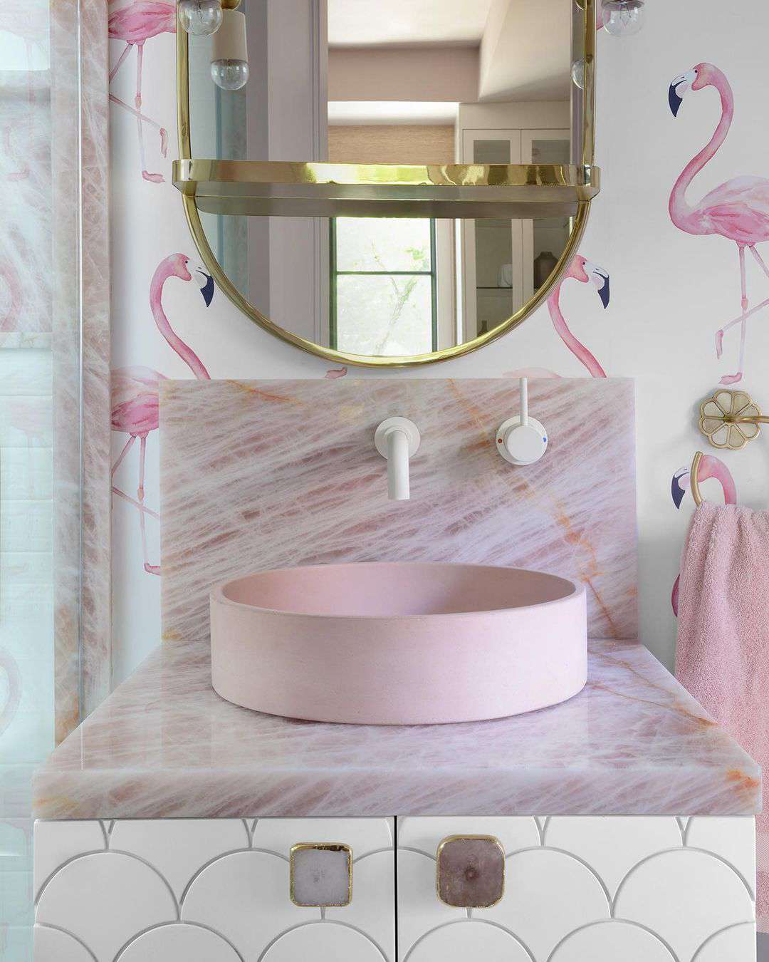 Pink flamingo themed bathroom