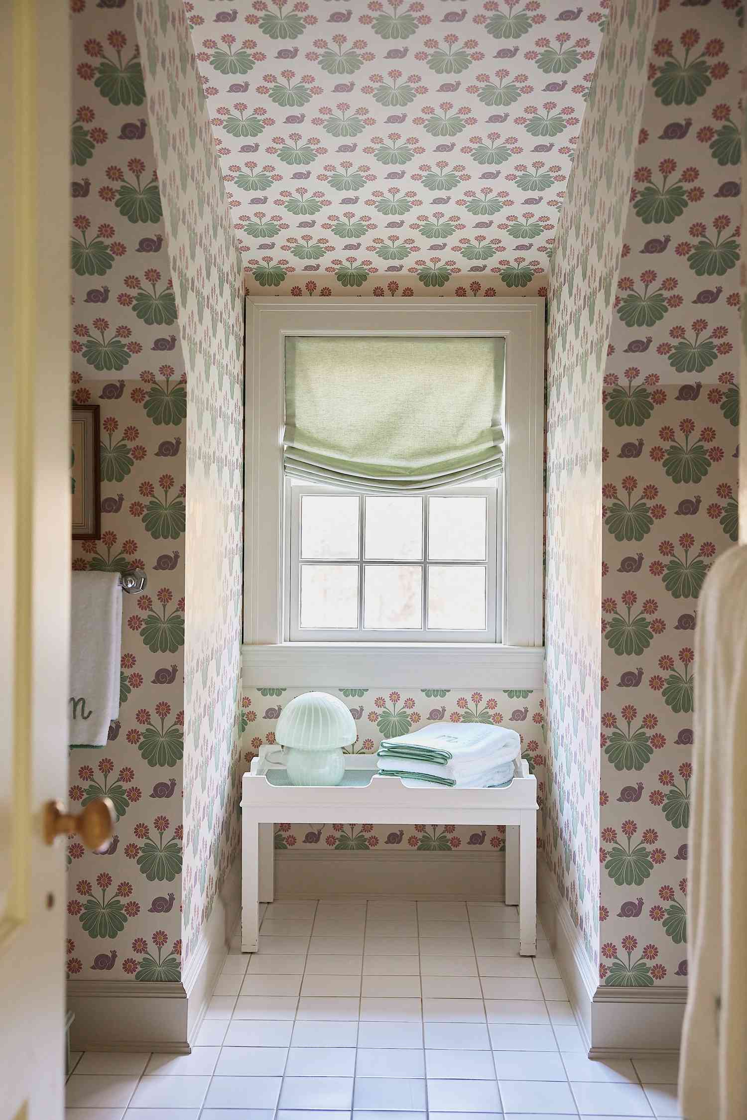 Wallpapered upstairs bathroom