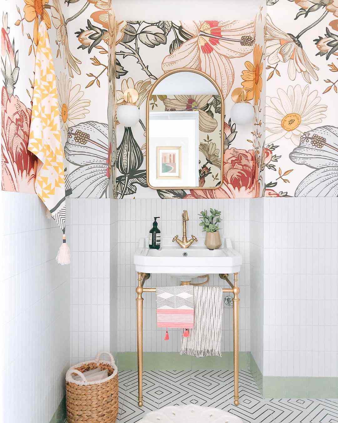 Colorful kids' bathroom with floral wallpaper 