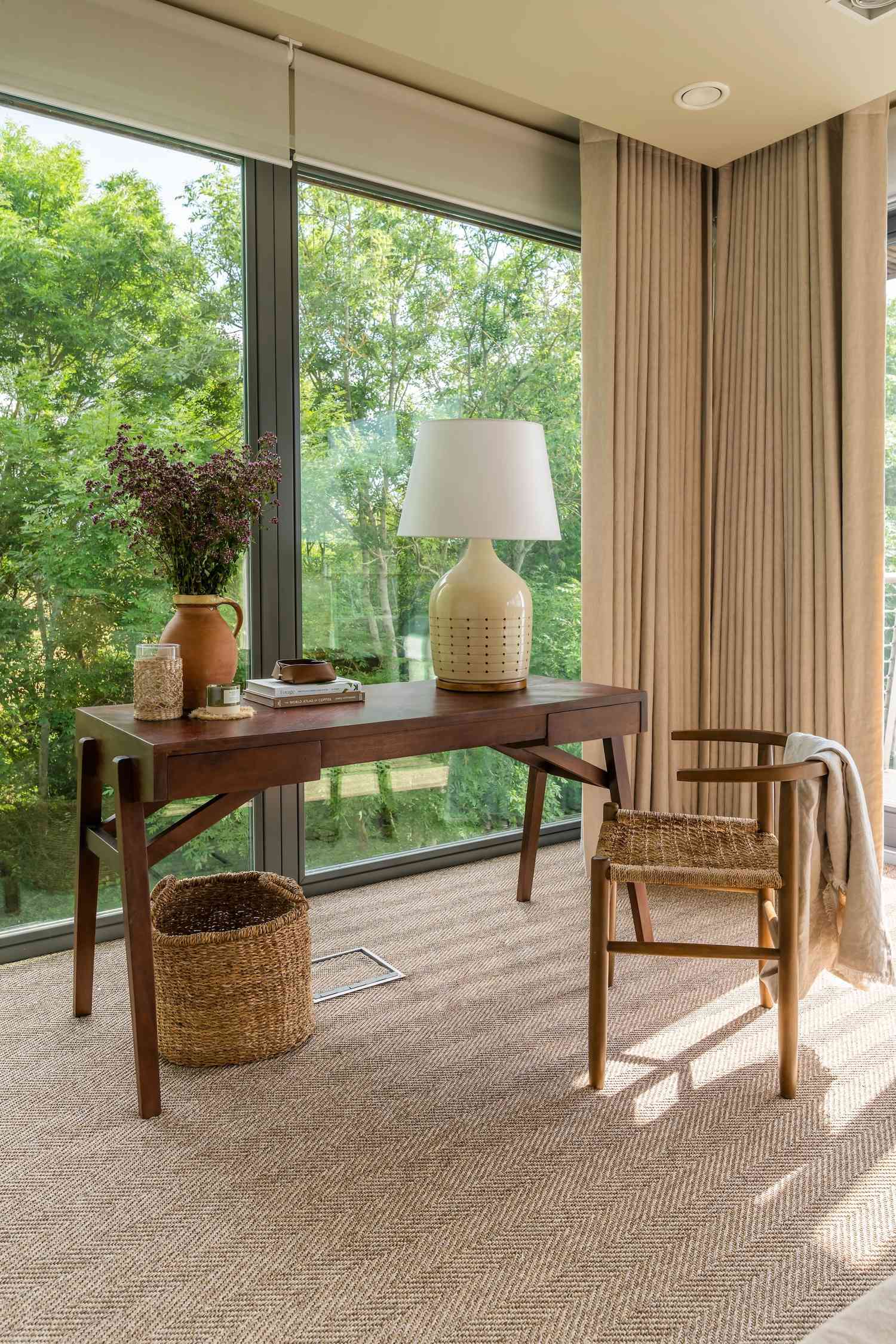 48 Small Sunroom Ideas for a Warm and Happy Space 72 Window blinds and floor to ceiling curtains in a sunroom with a wood desk and chair in front of the window
