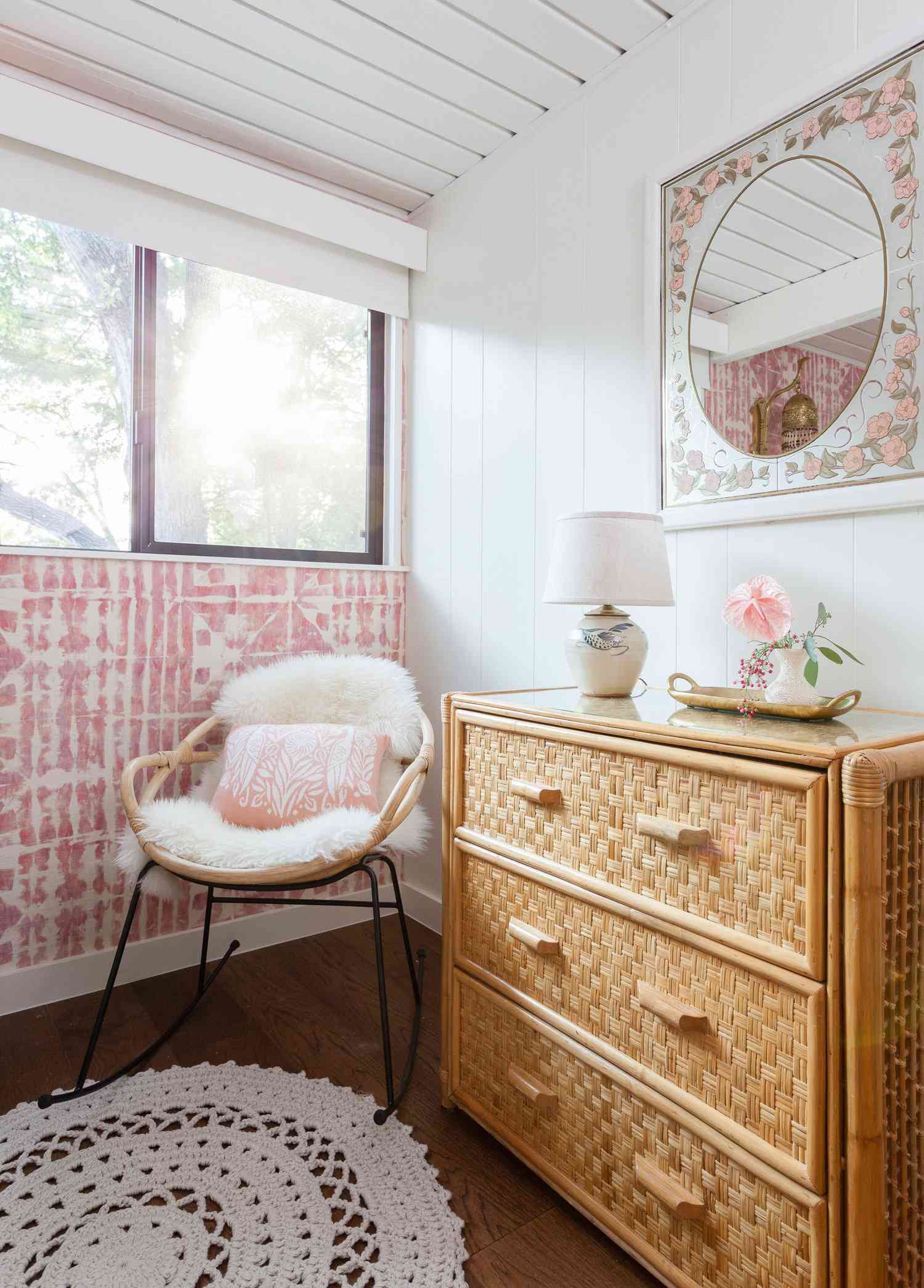 48 Small Sunroom Ideas for a Warm and Happy Space 96 Pink and white decor in a white sunroom with a rattan dresser