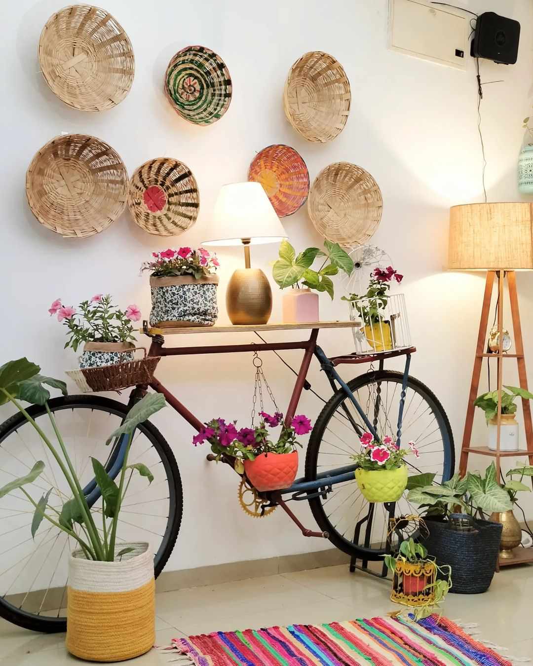 woven baskets hung on wall
