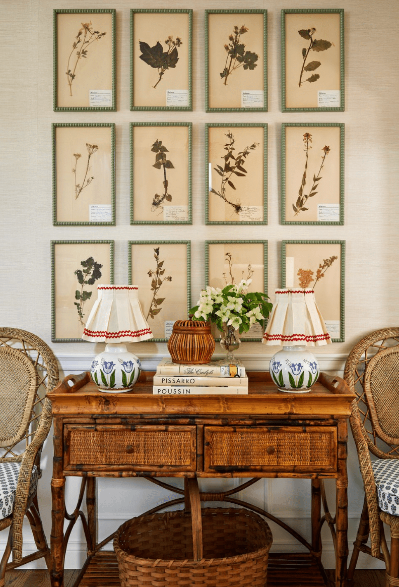 dried flowers framed and labeled in hallway