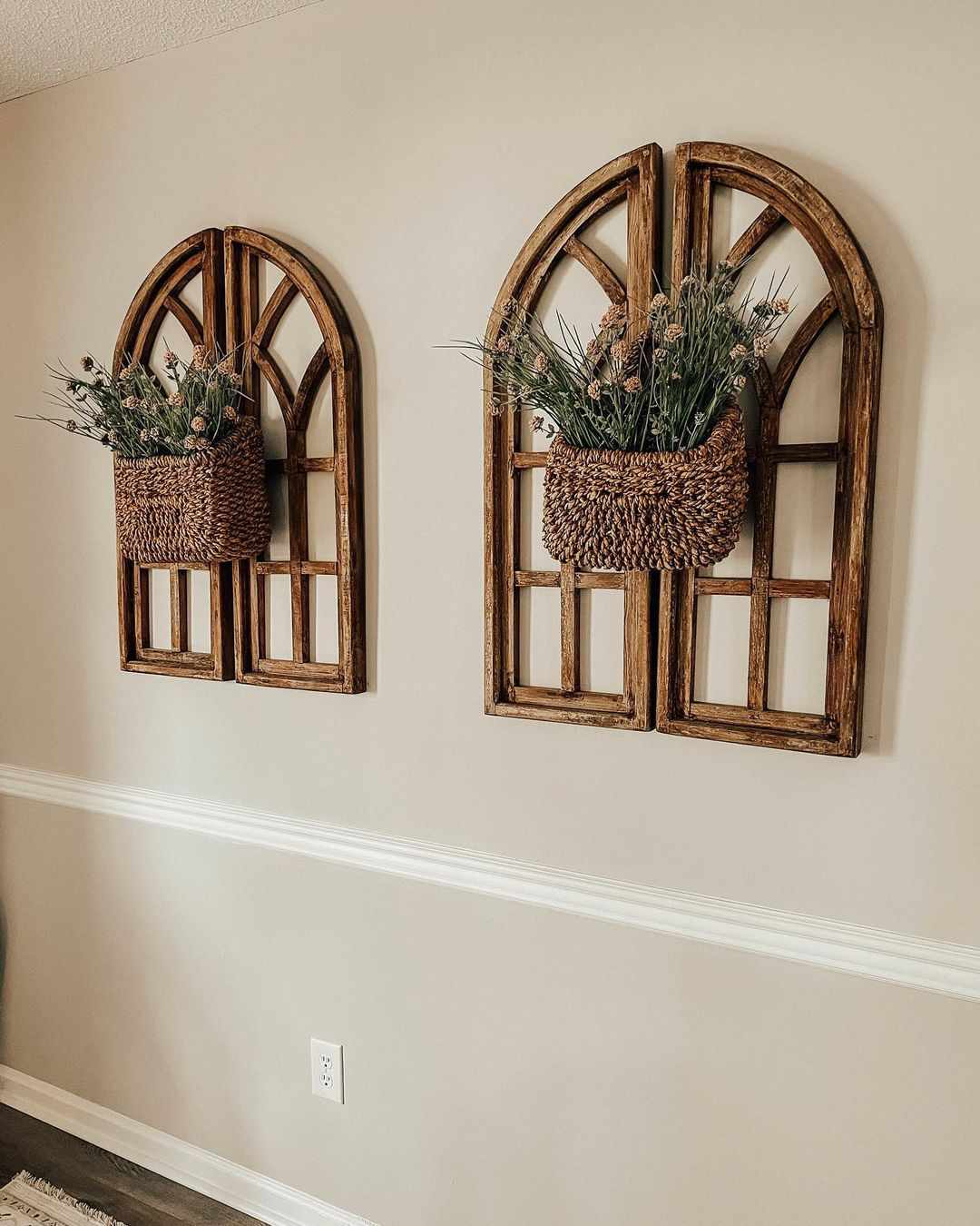 woven baskets adhered to wooden window pane decor