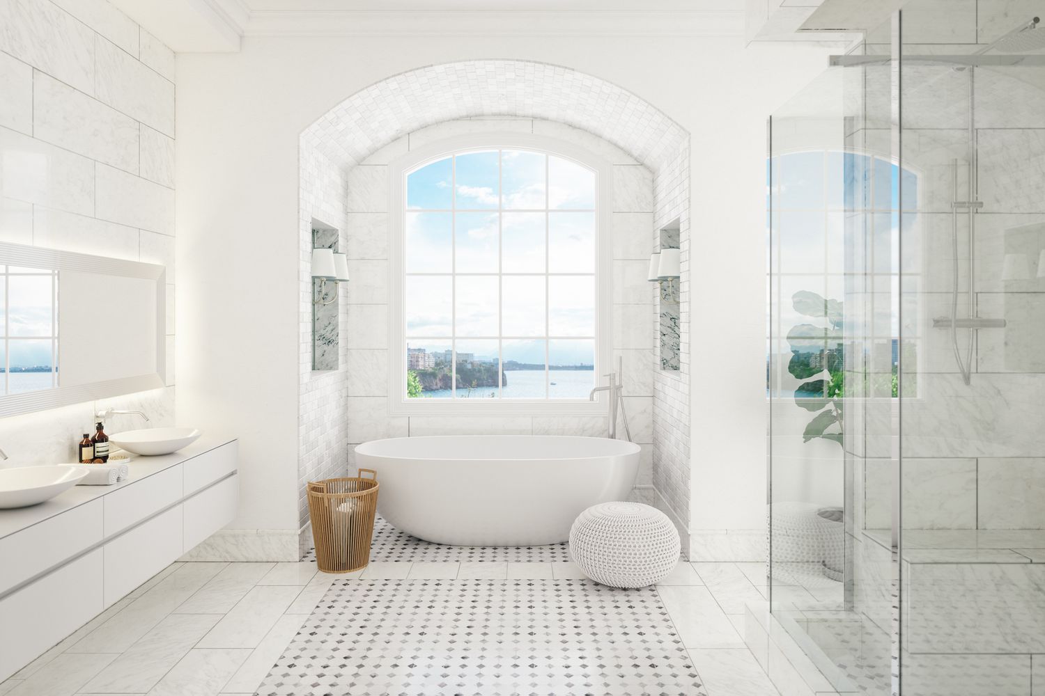 Sparen Sie Ihr Geld und überspringen Sie diese 5 Home -Upgrades, so Designer 2 Weißes Badezimmer mit Fliesen und freistehende Wanne