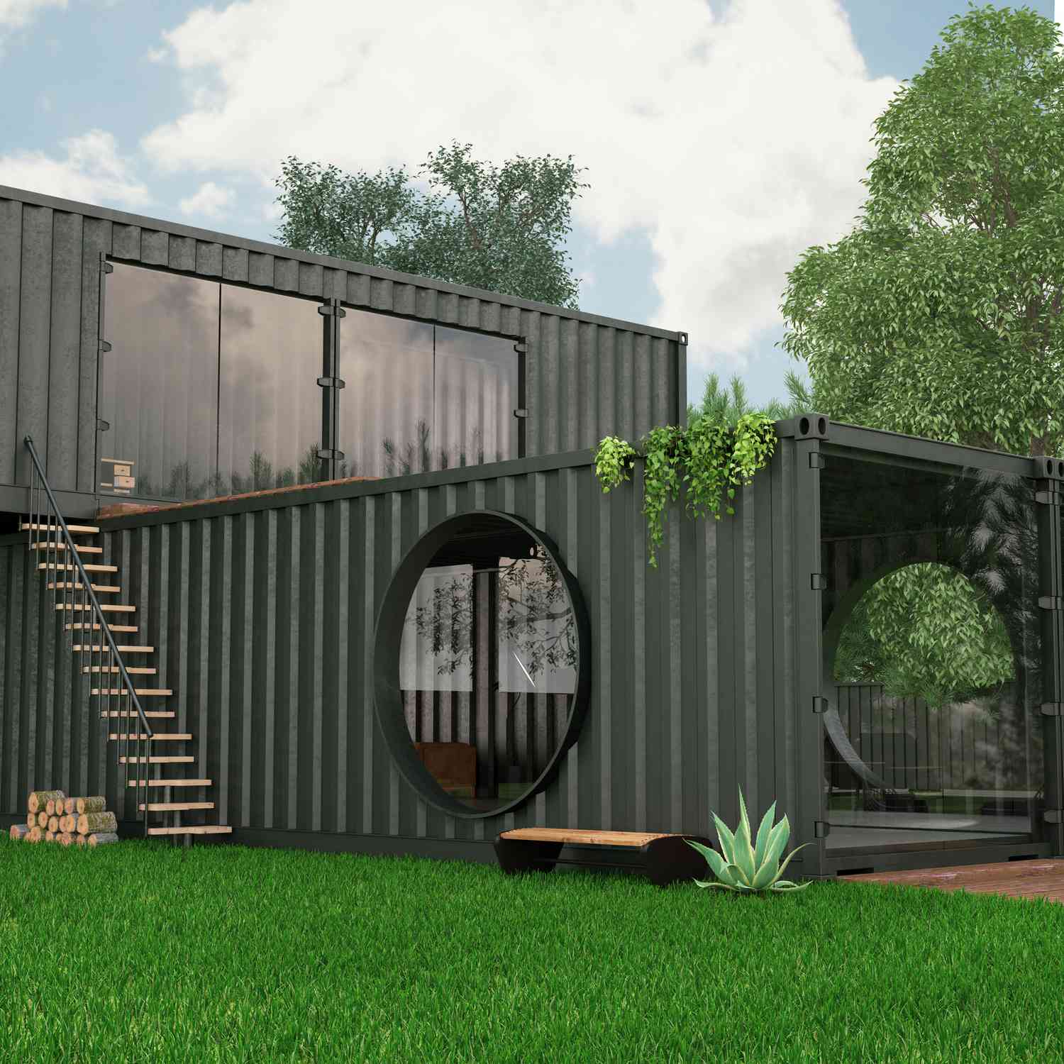 3D -Renderung des Containerhauss mit runden Fenstern