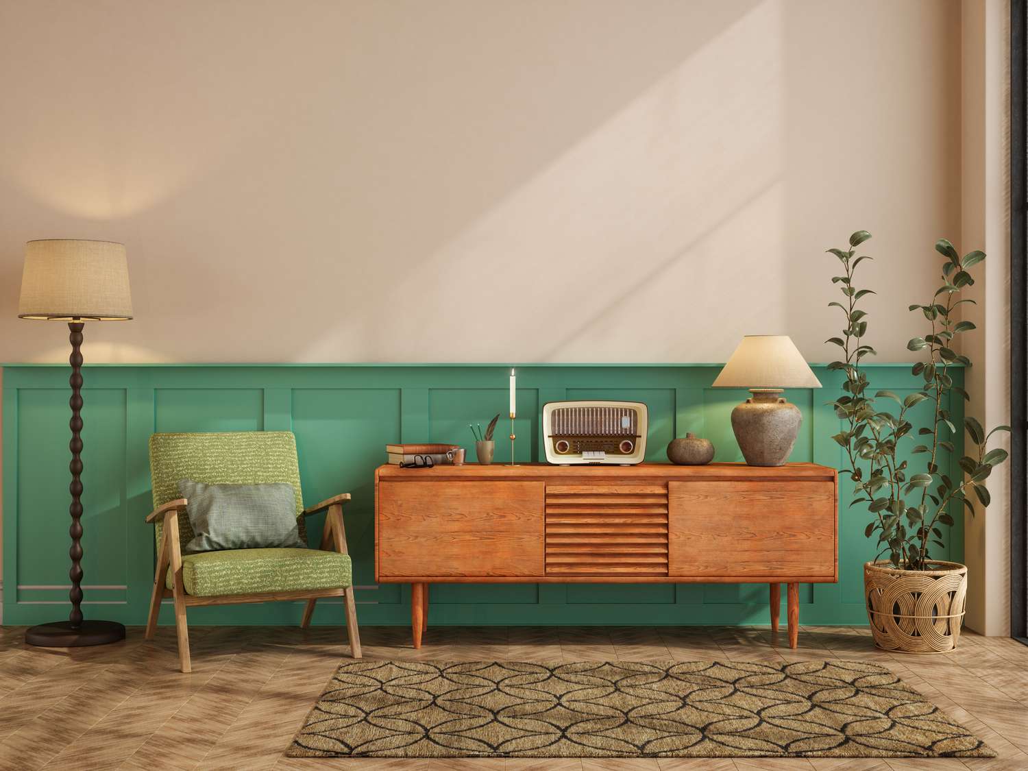 Retro Wohnzimmer mit grünem Sessel, Kommode, Stehlampe und Topfpflanze