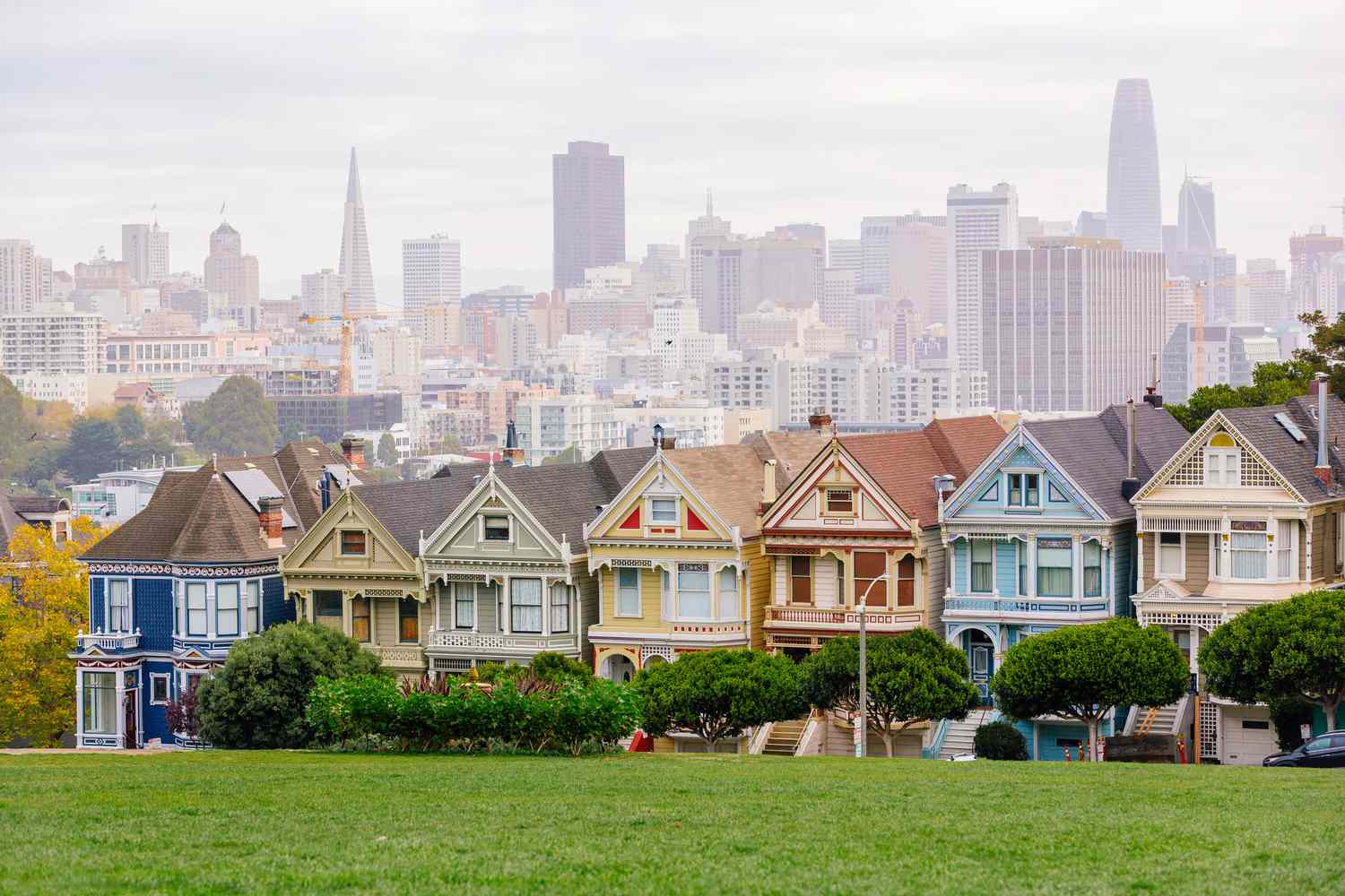 Lackierte Damen viktorianische Häuser und San Francisco Skyline, Kalifornien, USA