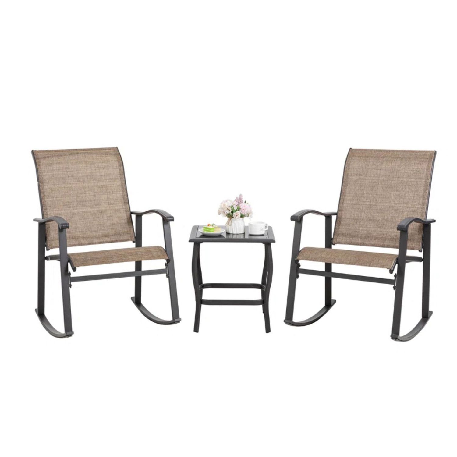 12 unserer beliebtesten Outdoor -Möbelstücke von Wayfair, alle unter 150 US -Dollar 2 Ein Satz von zwei braunen Stoffstühlen mit braunem Stoff und Metall mit passender Glas- und Metallquadrat -Seiten Table
