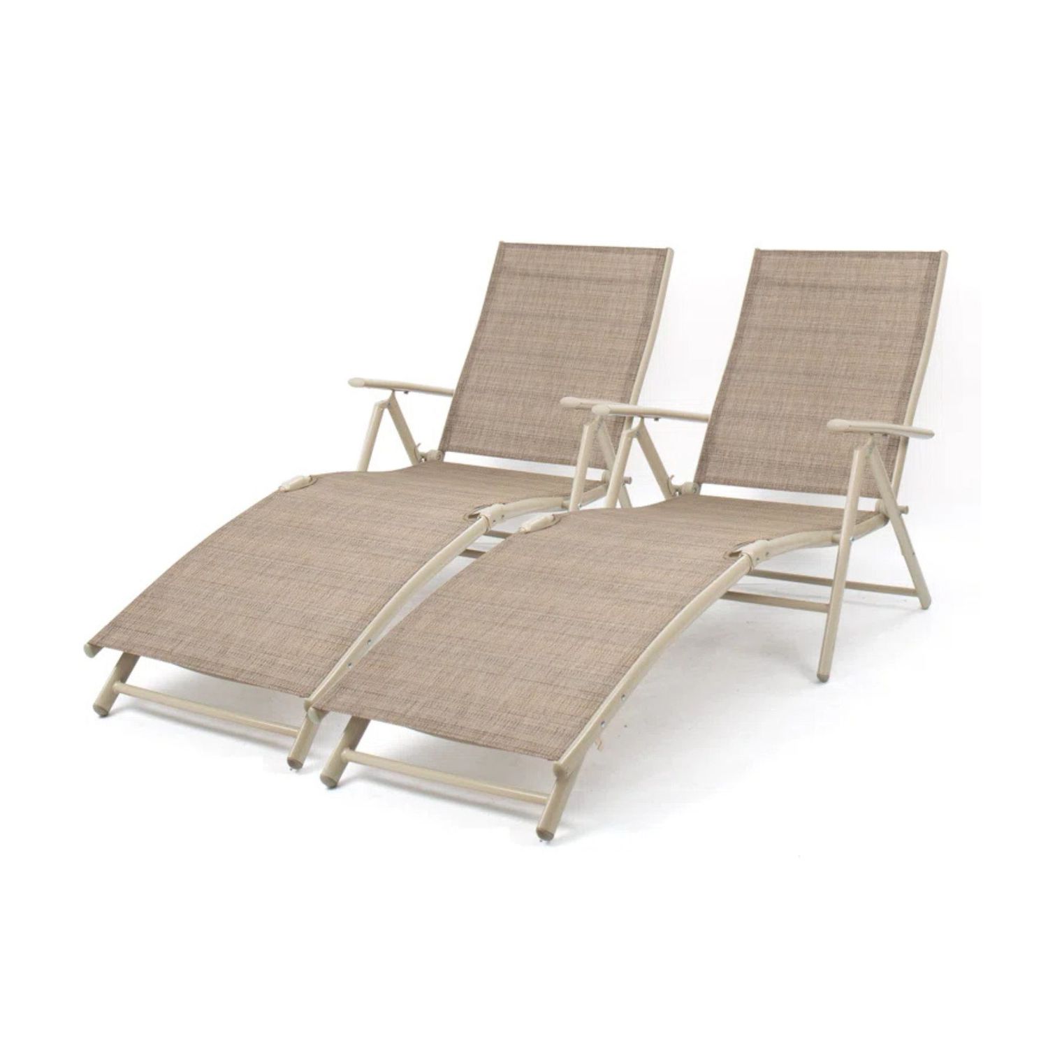 12 unserer beliebtesten Outdoor -Möbelstücke von Wayfair, alle unter 150 US -Dollar 10 Ein Satz von zwei beige und weißen Gewebe- und Metalllieger -Lounge -Stühlen
