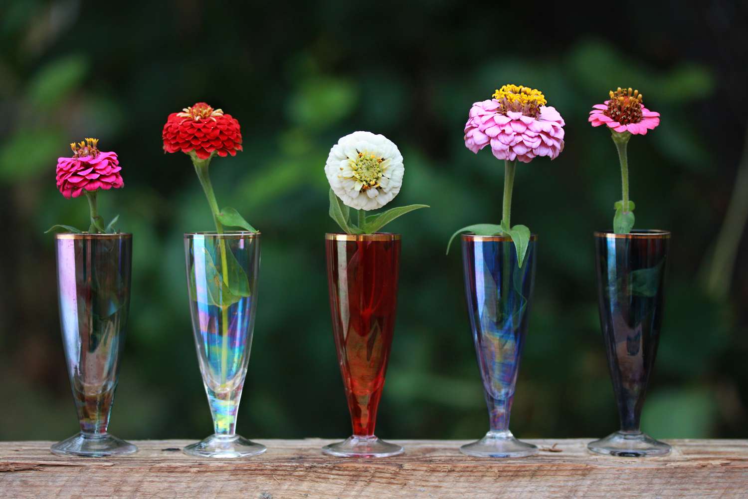 Sommerblumen in Vintage -Glas -Champagnerflöten 
