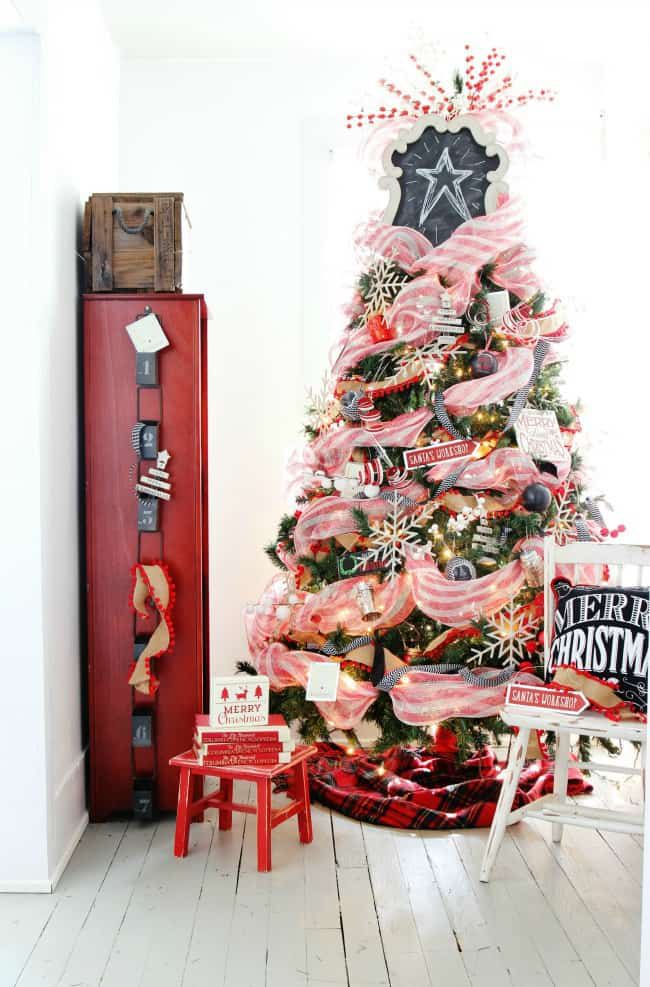 Christmas tree with candy cane striped ribbon