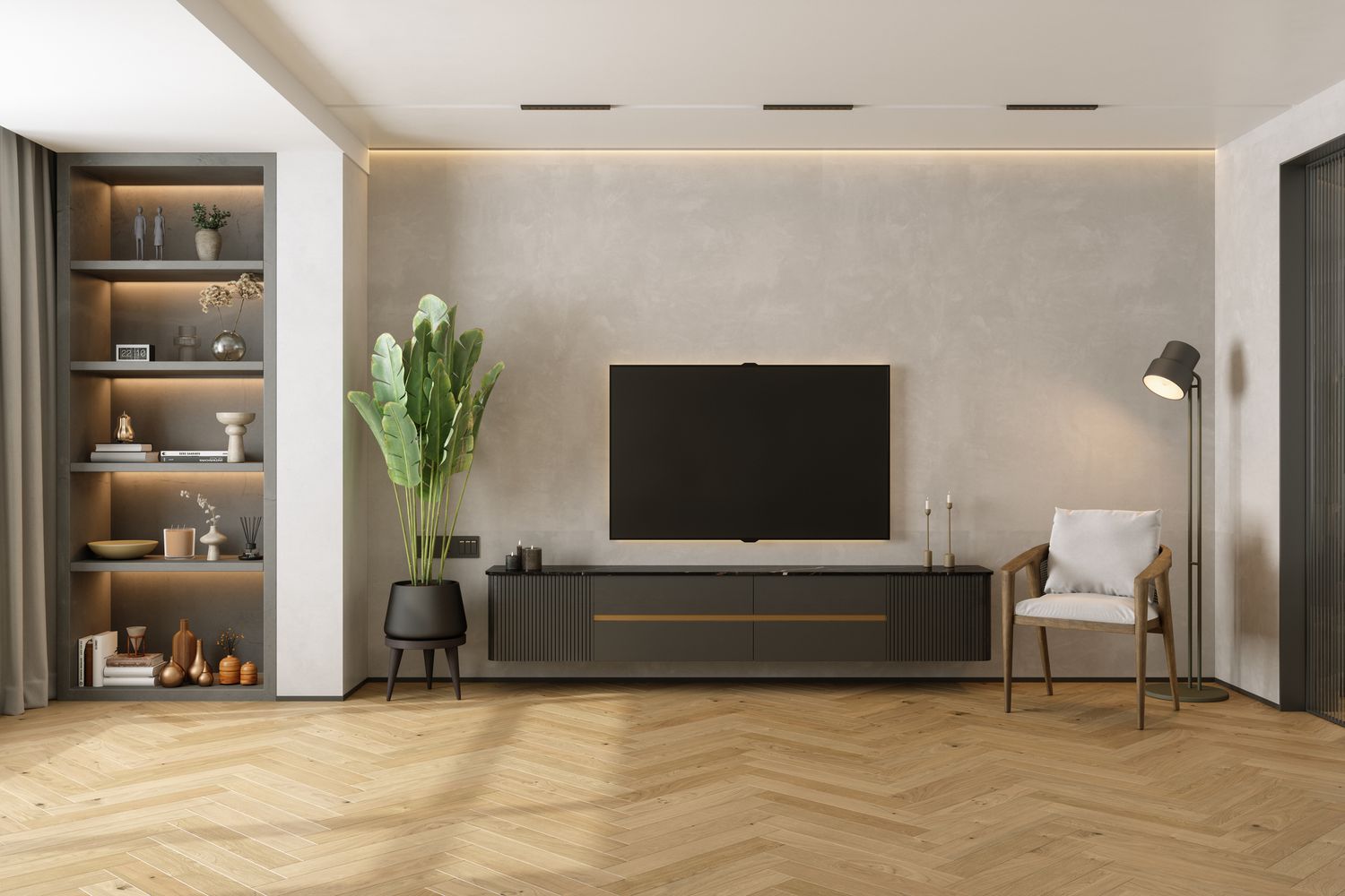 Jedes Haus hat diese 6 Schandflecken - wie sie wie ein Designer verbergen, um sie zu verbergen 6 Wohnzimmer Innenraum mit LCD -Fernseher, Topfpflanze, Sessel und Dekorationen