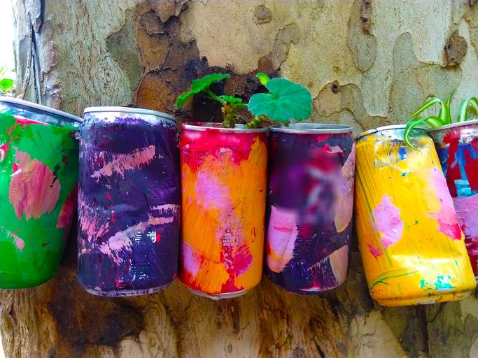Warten Sie, werfen Sie Ihre Soda -Dosen nicht weg - 7 kluge Möglichkeiten, um sie in Ihrem Haus wiederzuverwenden 6 Soda -Dosen mit Pflanzen entlang eines Baumes gemalt
