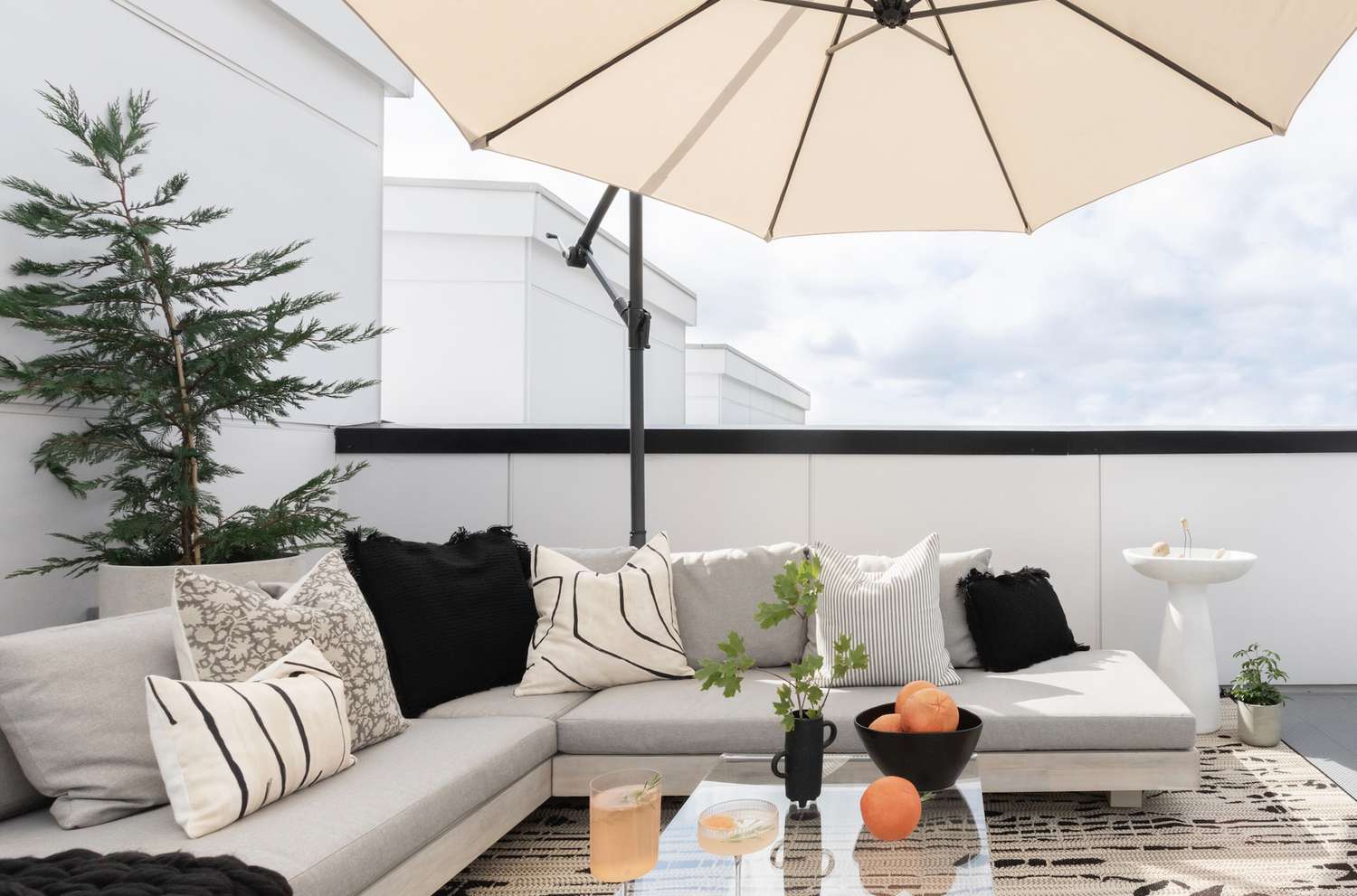 outdoor dining area in neutral colors
