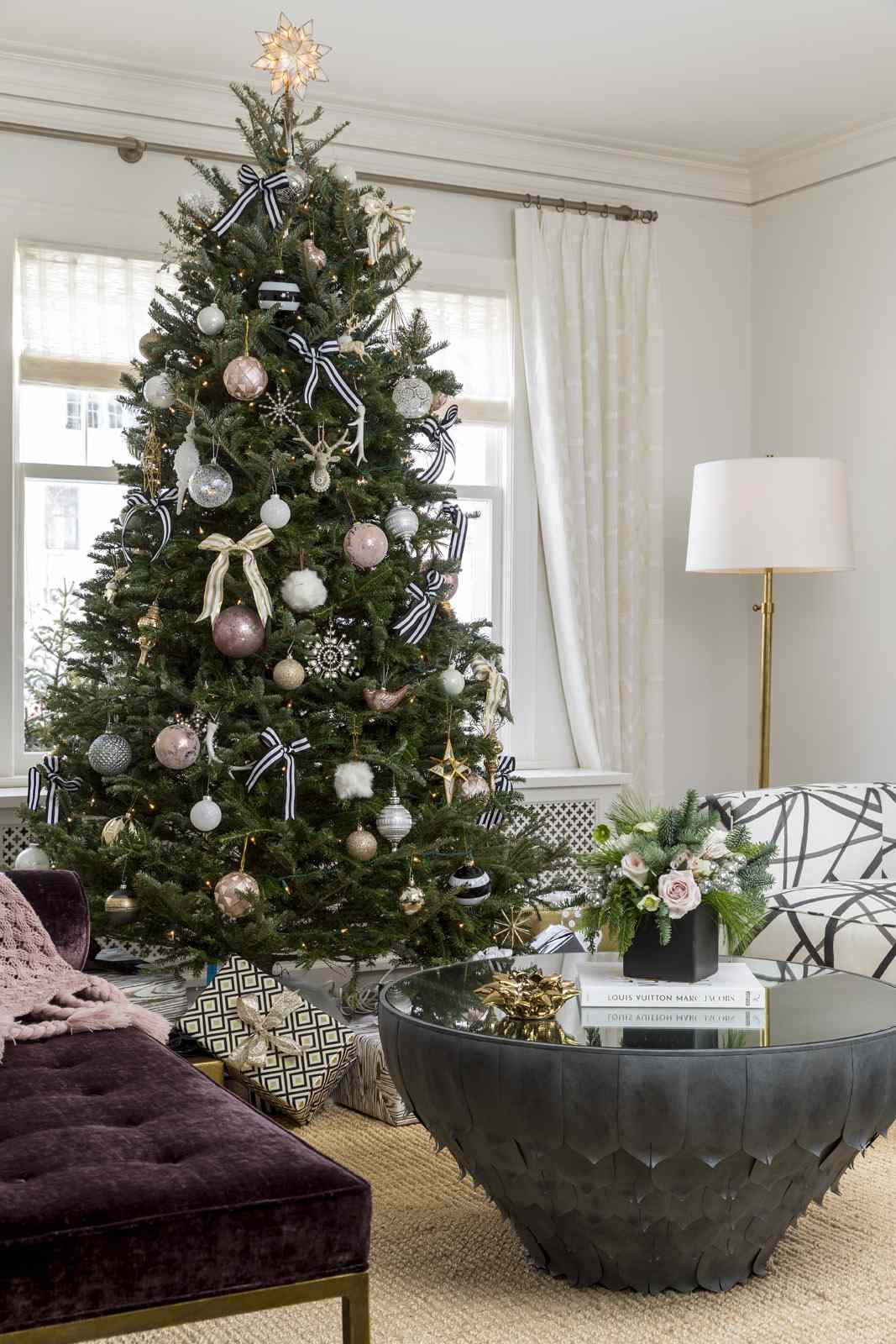 christmas tree decorated with ribbons