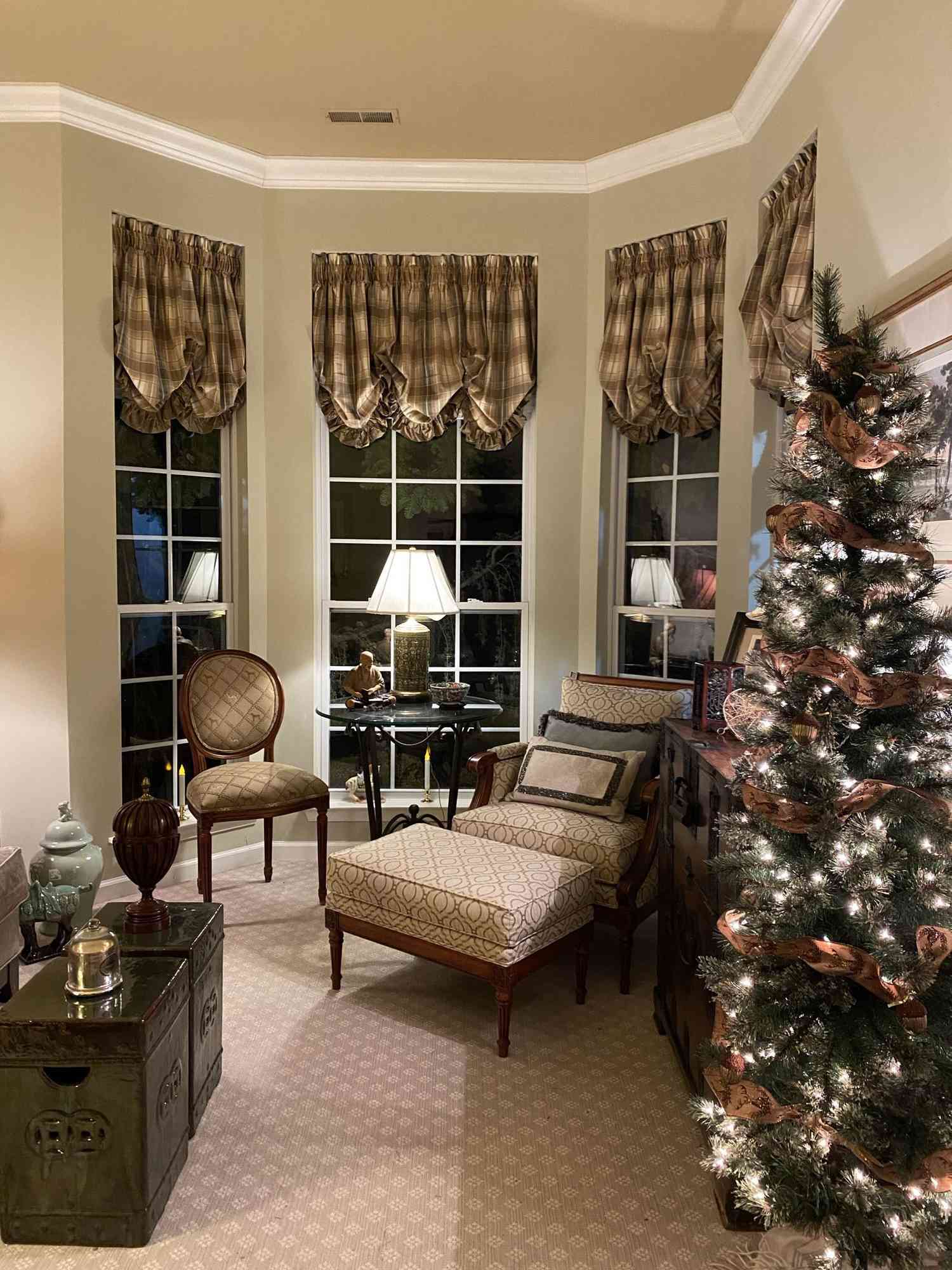 christmas tree with brown ribbon