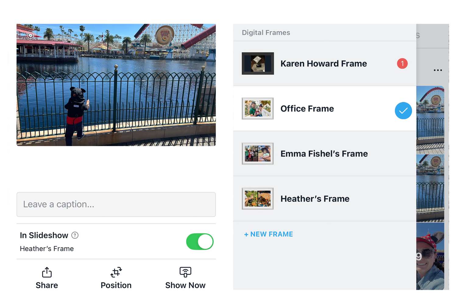 Eine digitale Fotorahmenschnittstelle mit verschiedenen Frames, die mit der Option zur Auswahl und Bearbeiten angezeigt werden