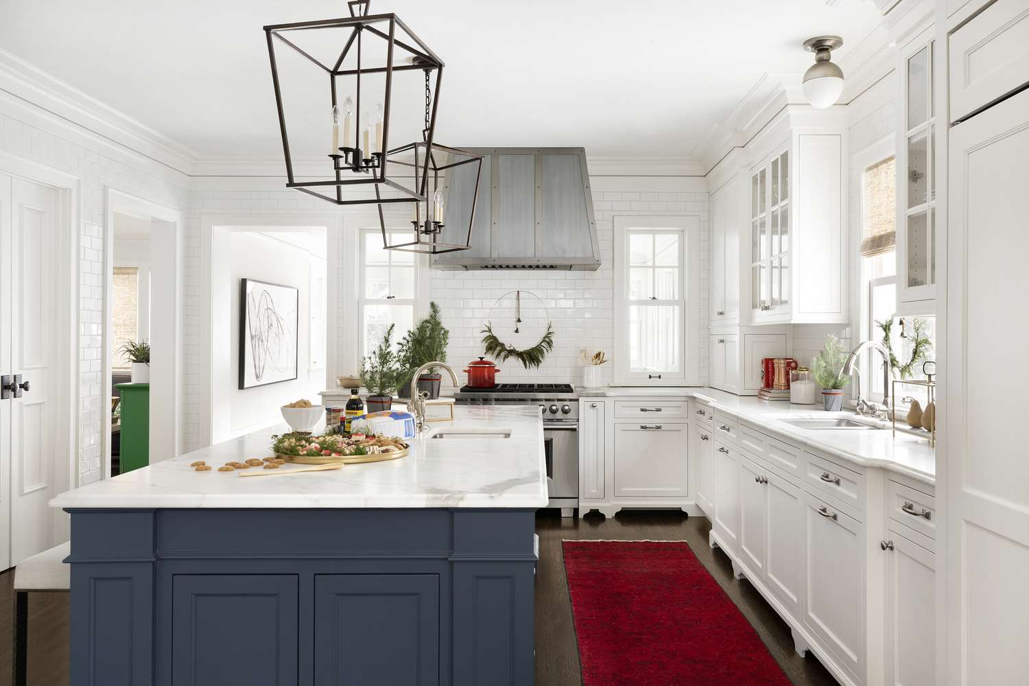 red runner rug in christmas kitchen