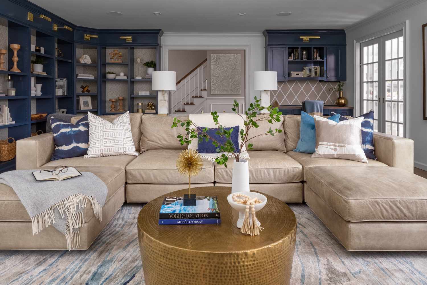 coastal living room with dark blue walls 