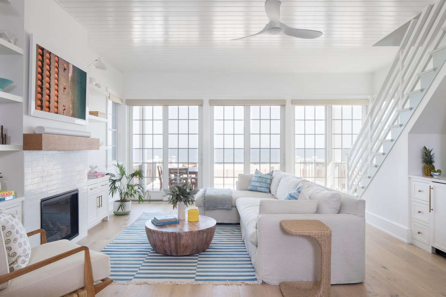 coastal living room with sailor striped rug