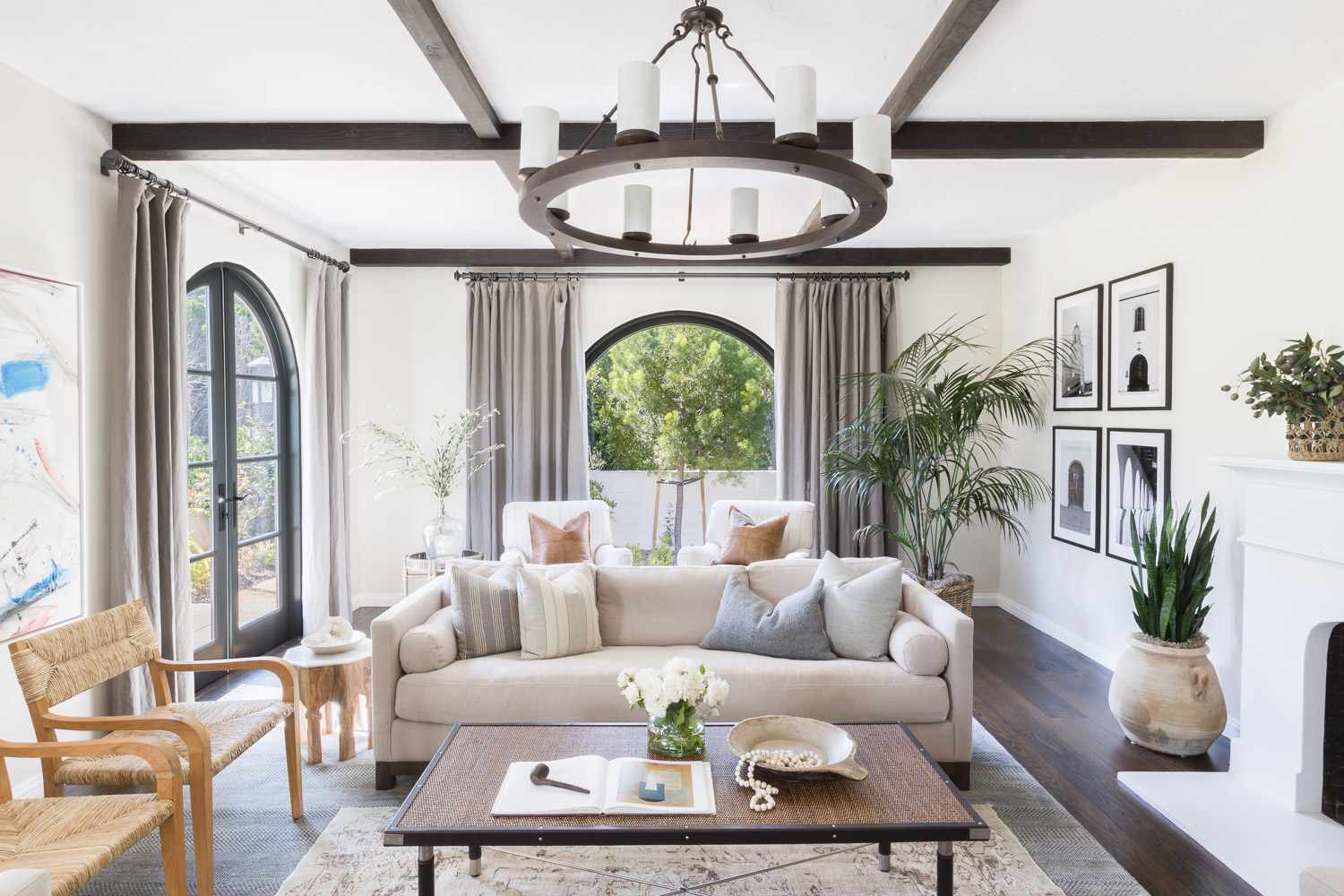 coastal living room with dark floors
