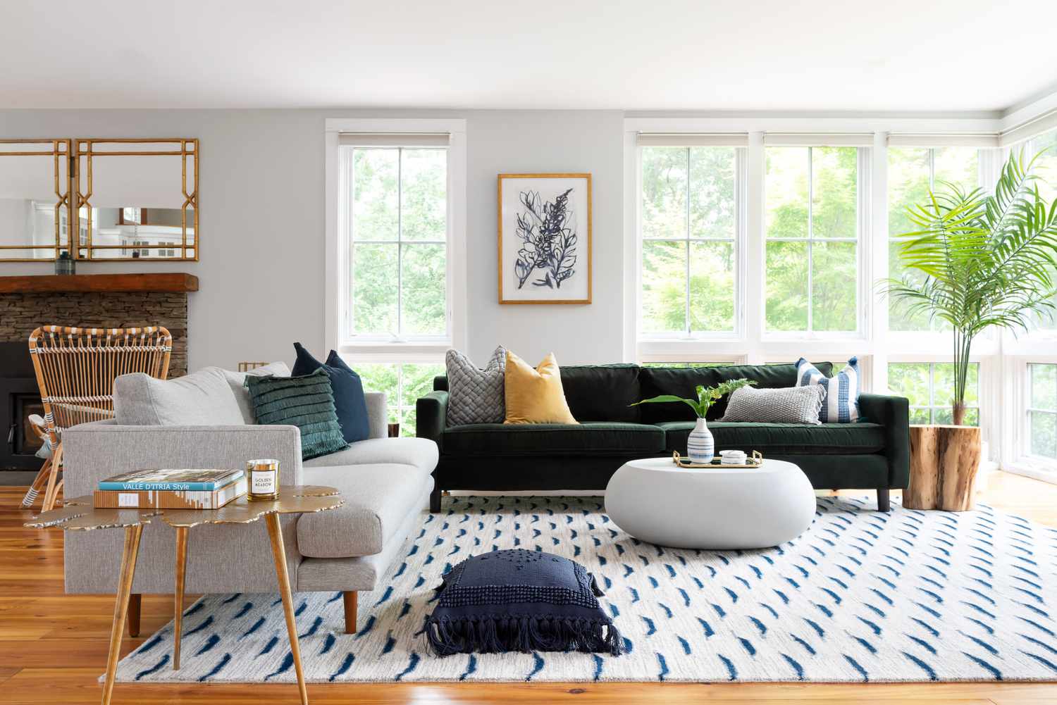 coastal living room with green couch