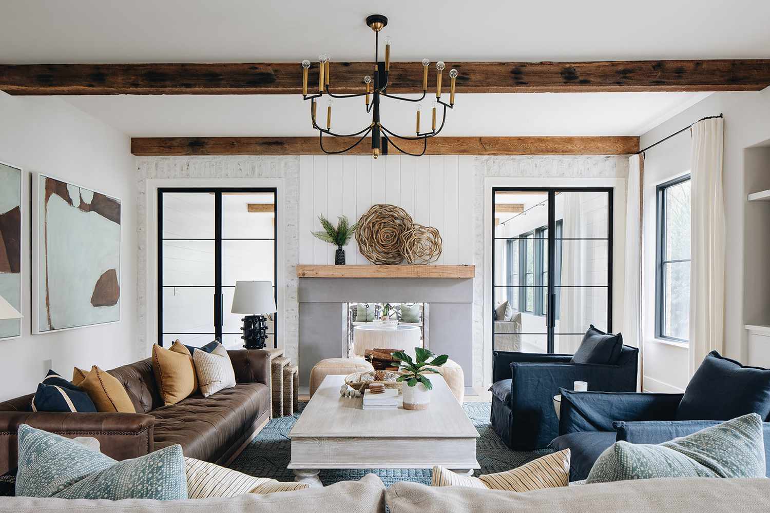 coastal living room with indoor-outdoor fireplace