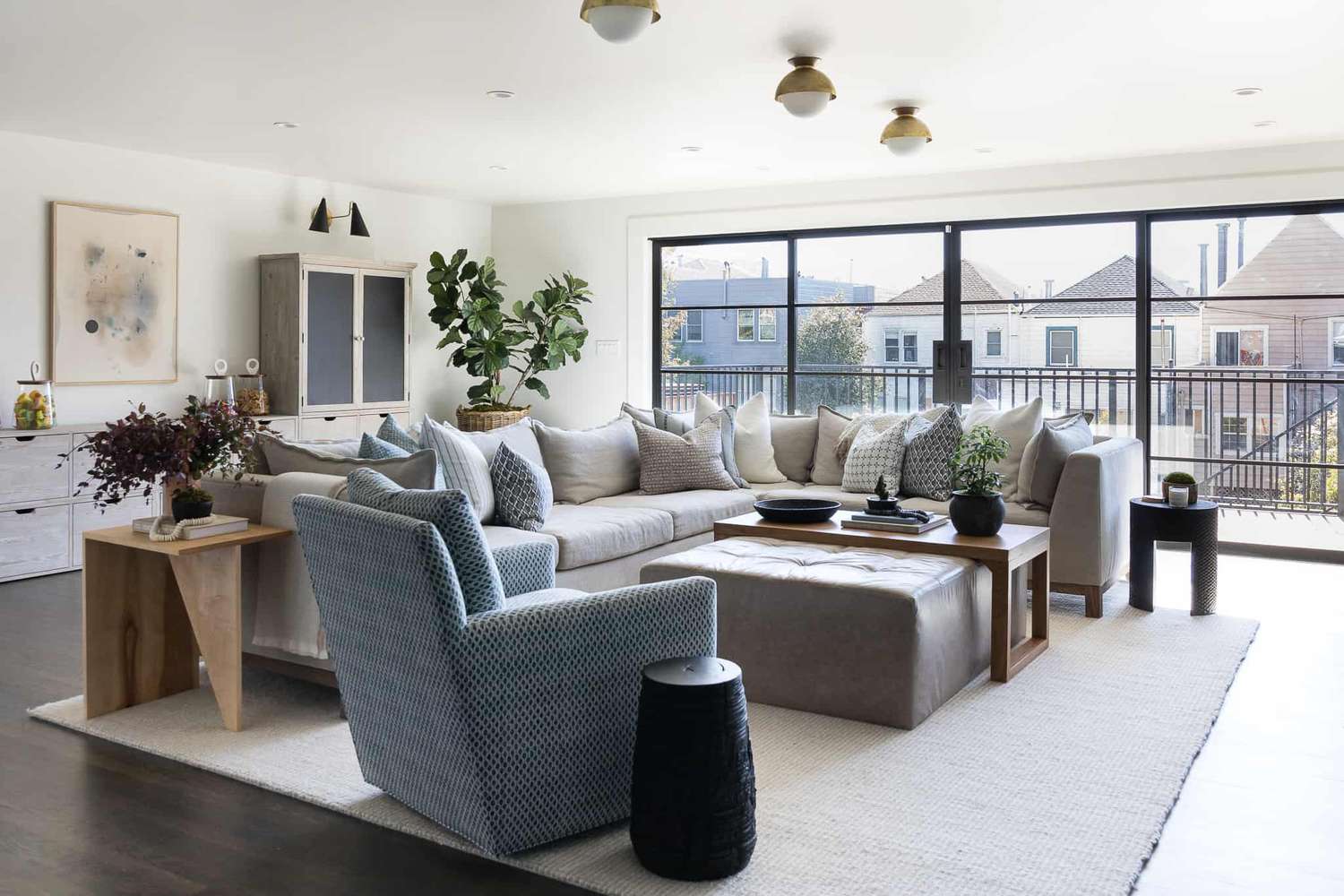 coastal living room with mixed wood tones