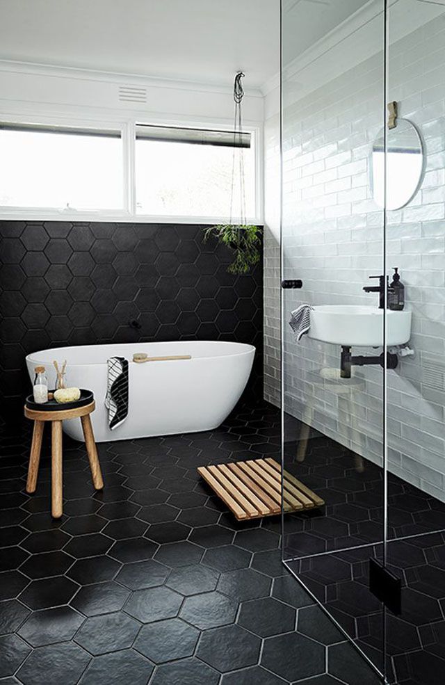 Bathroom With Black Hex Tiles