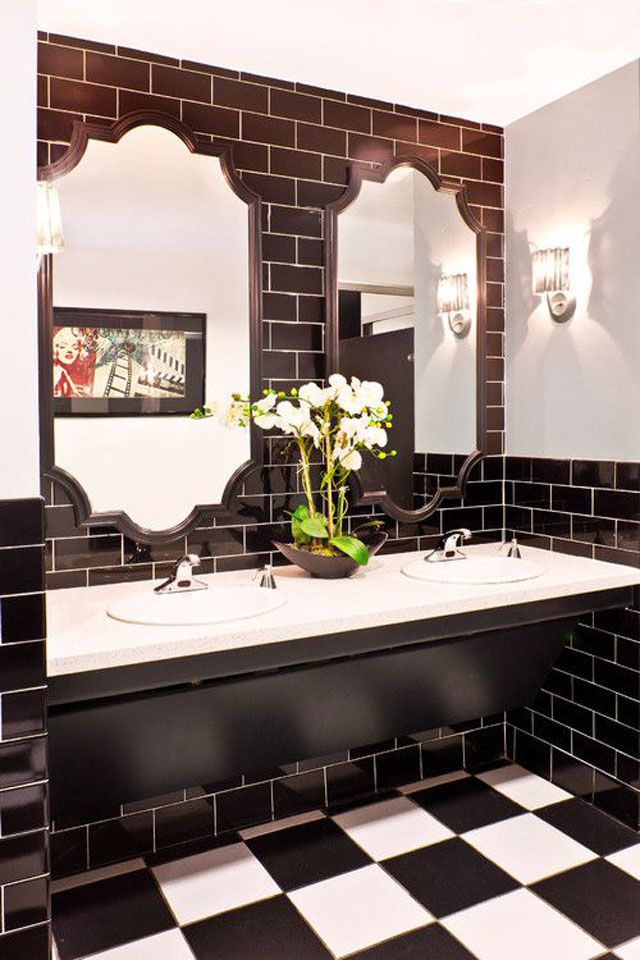 Black Bathroom With Brass Industrial Hardware