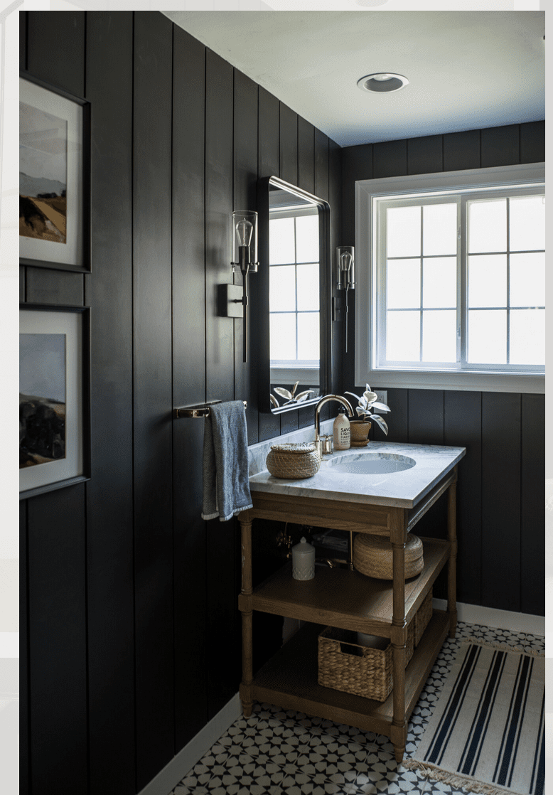 black shiplap bathroom walls